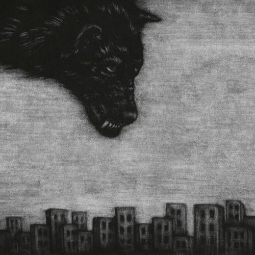 Black and white drawing of a wolf’s head over a cityscape.