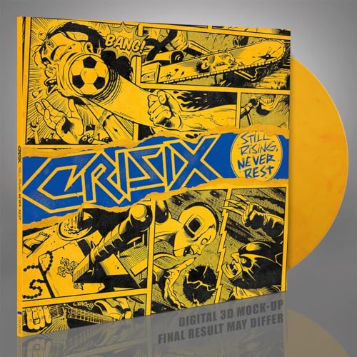 Yellow vinyl record with comic book-style cover art featuring action scenes.