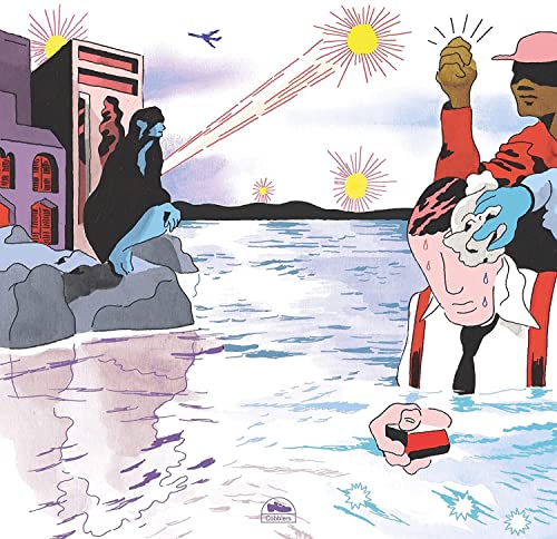 Surreal illustration of figures by water, with a building and airplane.