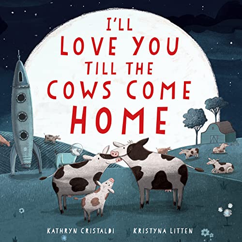 Cows stand in a field with a rocket ship under a large full moon.