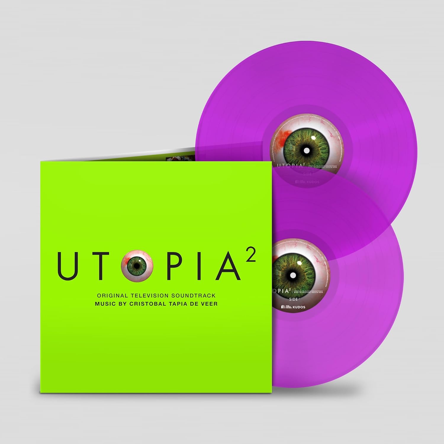 Violet vinyl records and green album cover for "Utopia²" soundtrack.