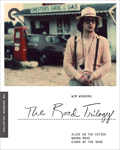 Blu-ray cover for Wim Wenders’ *The Road Trilogy* featuring a man at a gas station.