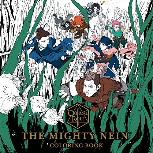 Black and white line art of nine fantasy characters in tall grass.