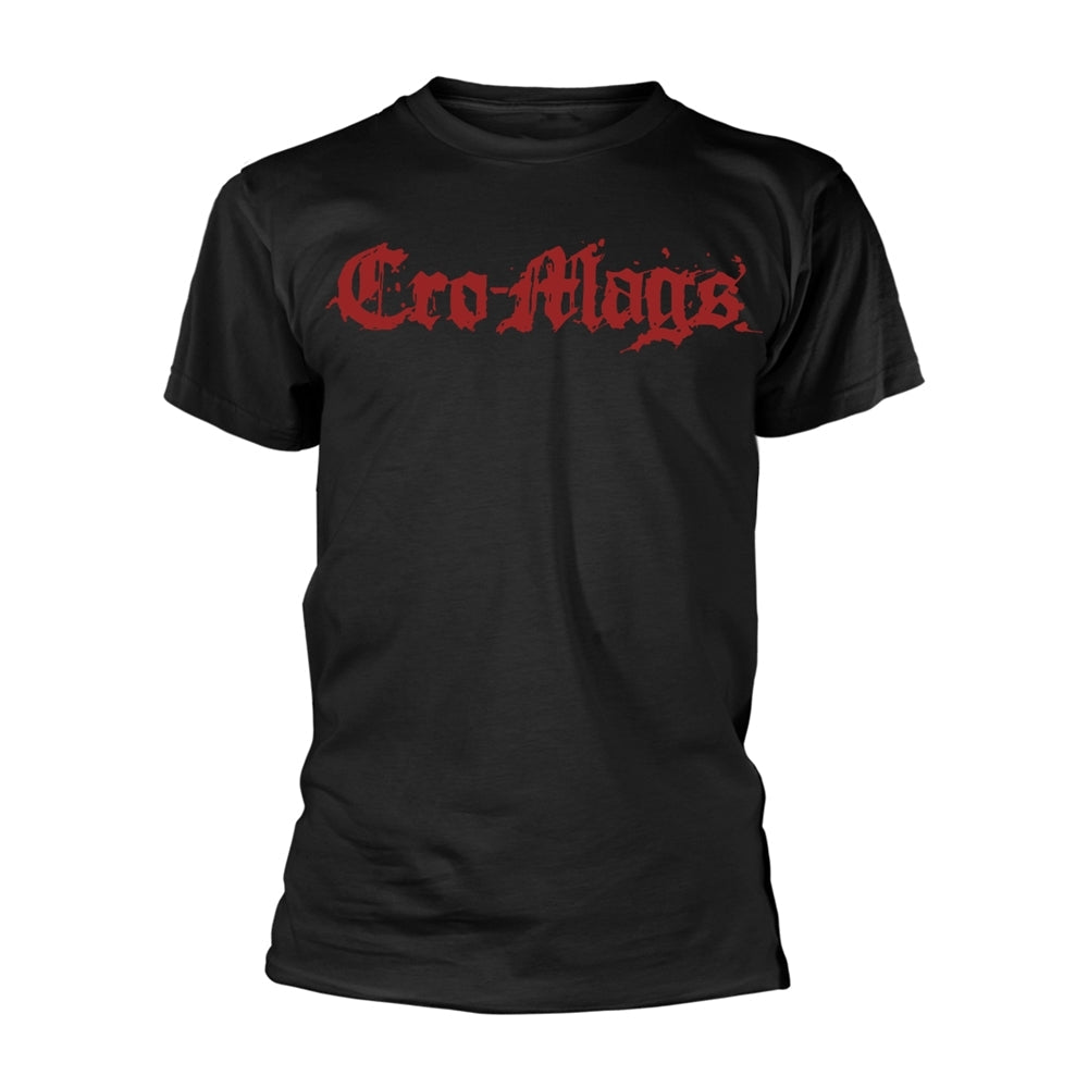 Black t-shirt with red, ornate “Cro-Mags” text centered on the chest.