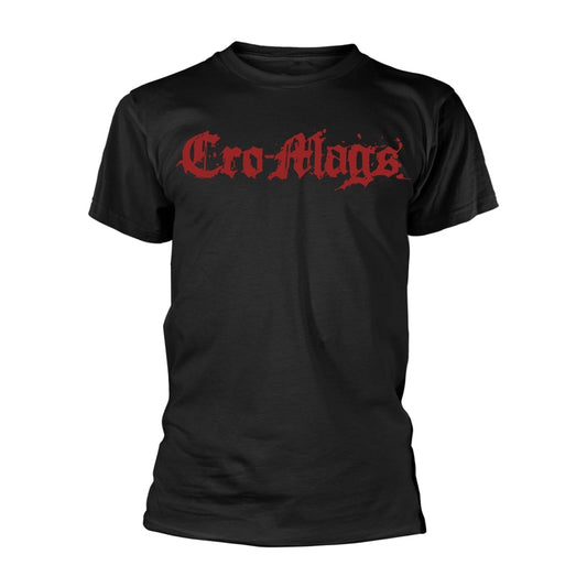 Black t-shirt with red, ornate “Cro-Mags” text centered on the chest.