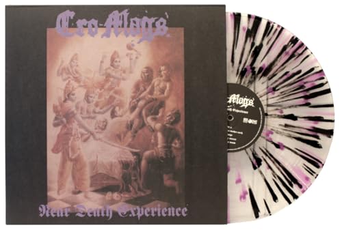 Cro-Mags Near Death Experience vinyl record with clear, black, and purple splatter pattern.