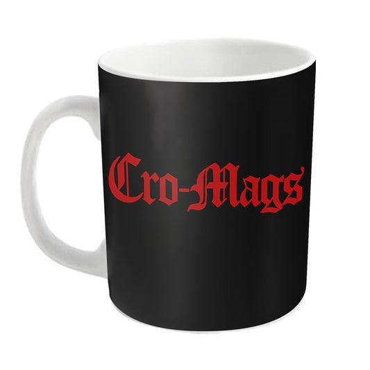 Black mug with red ornate lettering reading “Cro-Mags”.