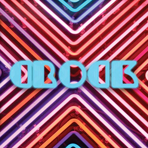 The word GROK in light blue letters over a background of colorful neon chevrons.