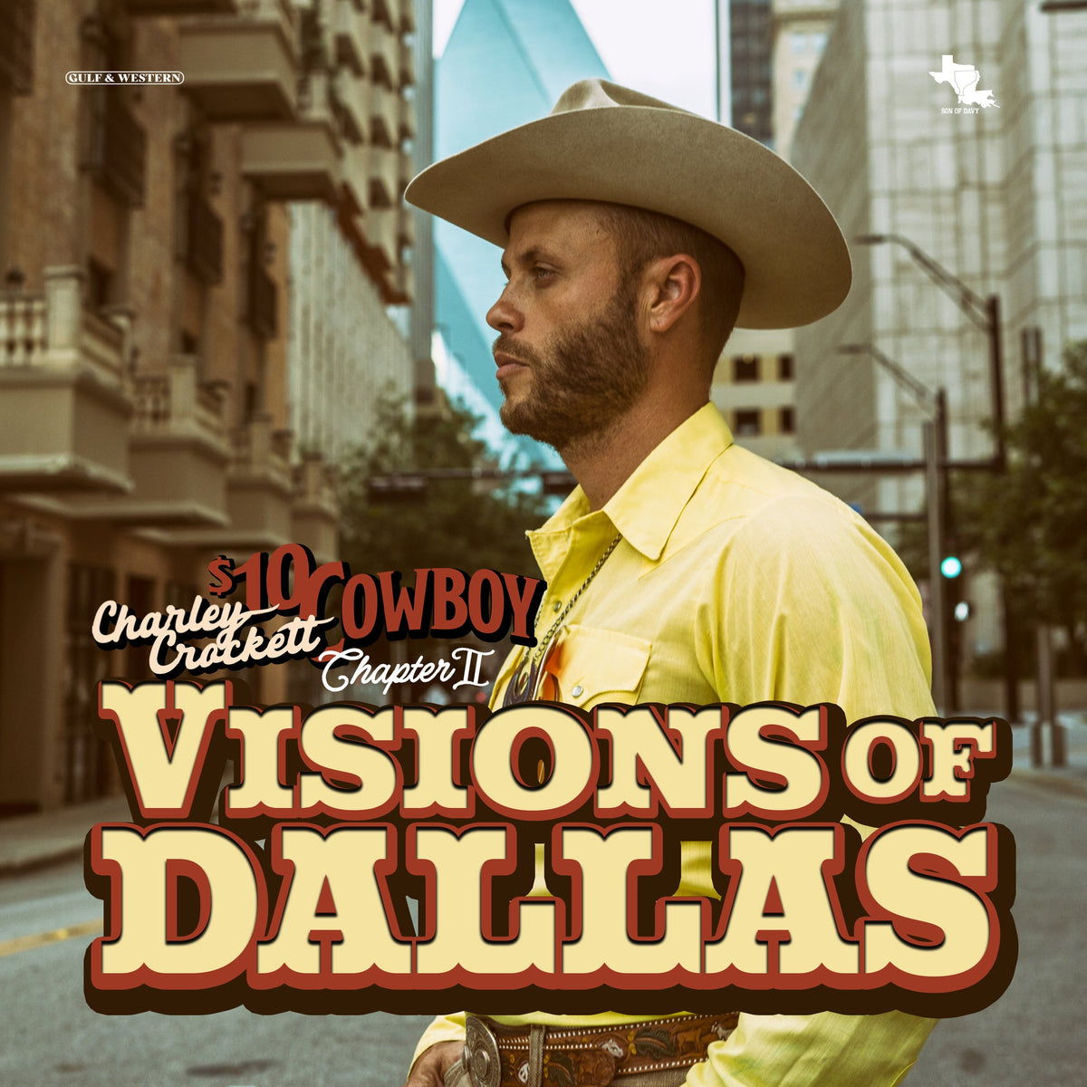 Charley Crockett album cover: man in cowboy hat, city background.