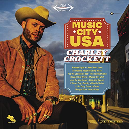 Charley Crockett album cover, "Music City USA," featuring artist in a cowboy hat.