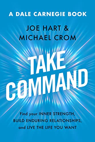 Book cover with bold white text "TAKE COMMAND" on a blue, starburst background.