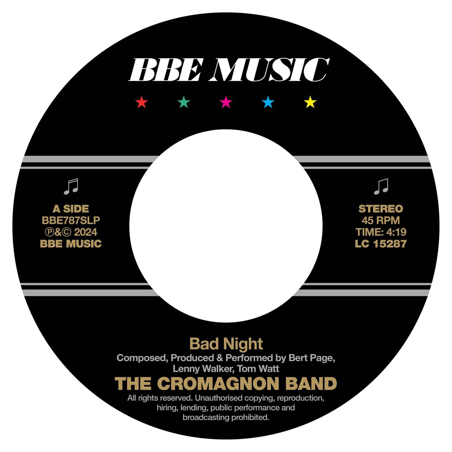 Black and teal vinyl record label for The Cromagnon Band’s “Bad Night.”