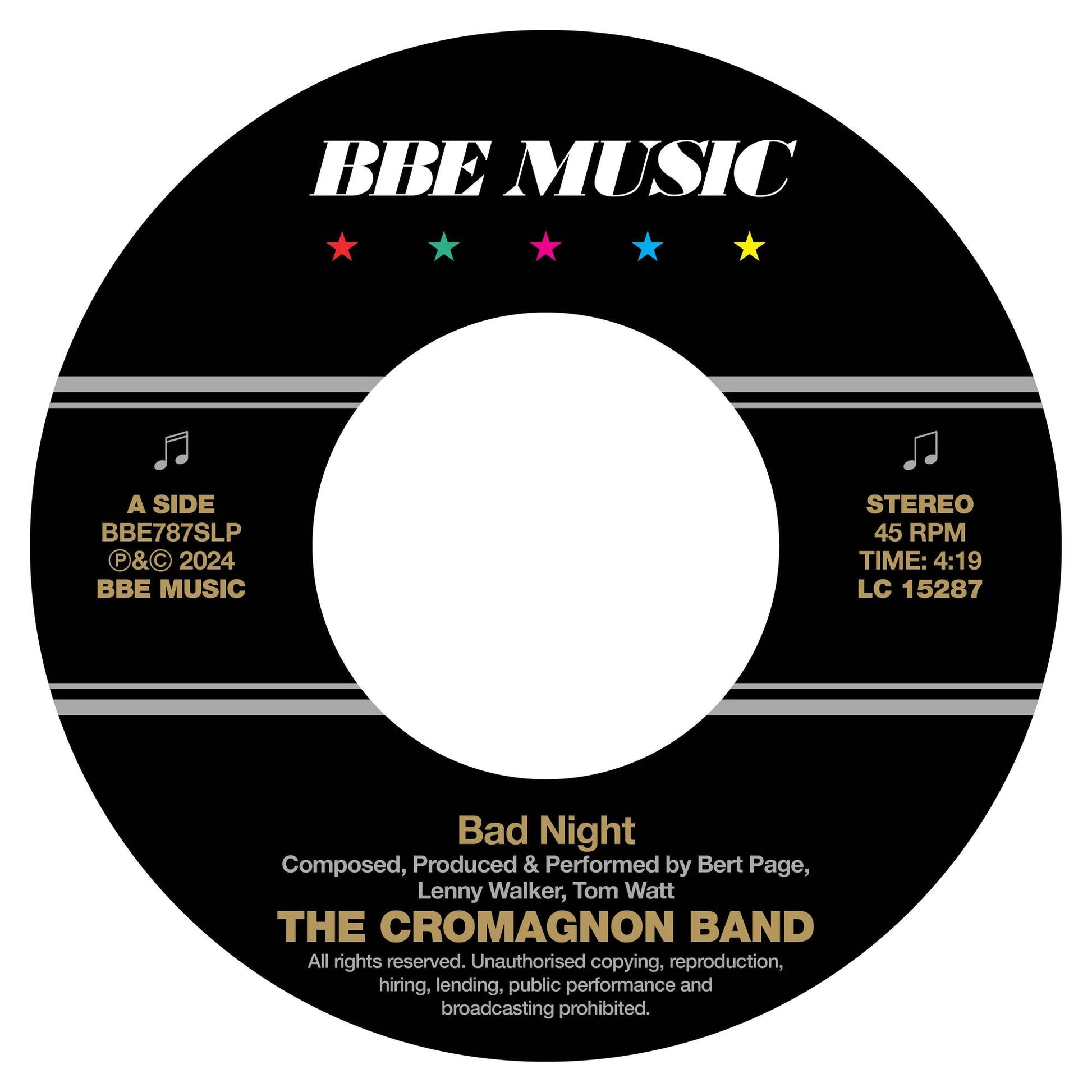 Black and teal vinyl record label for The Cromagnon Band’s “Bad Night.”