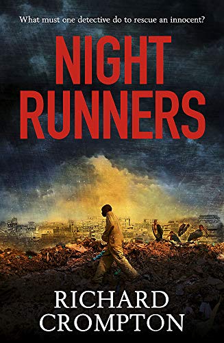 Book cover for "Night Runners" depicting a man running towards a burning city.