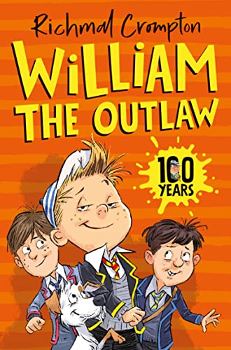 Book cover for William the Outlaw featuring three cartoon boys and a white dog.