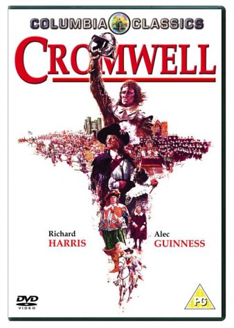 "Cromwell" DVD cover featuring Richard Harris and Alec Guinness, with historical figures illustration.