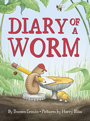 Book cover: a worm wearing a hat writing in a diary on a mushroom.