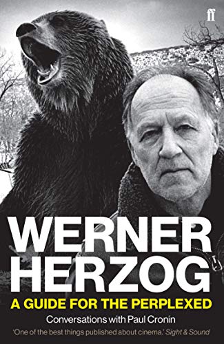 Book cover featuring Werner Herzog with a large grizzly bear, black and white.