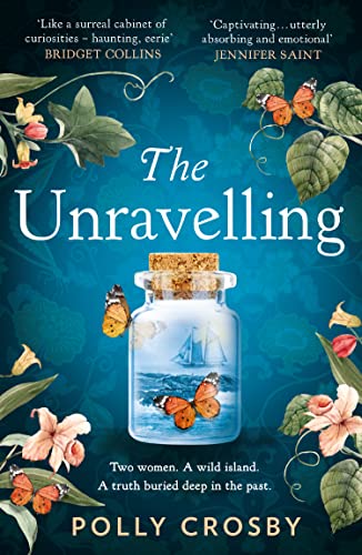 Book cover: teal background, bottle with ship inside, butterflies, floral details.