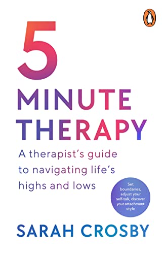 Book cover: “5 Minute Therapy” by Sarah Crosby, purple and white design.