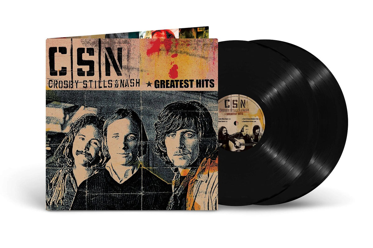 "Crosby, Stills & Nash Greatest Hits vinyl record with cover art featuring the band members."