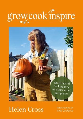 Book cover featuring a woman holding a pumpkin and potted flowers.