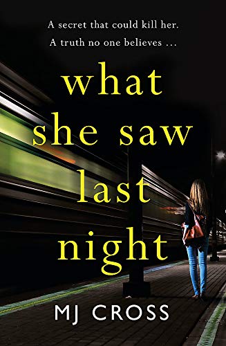 Book cover: woman on platform, blurred lights, dark and mysterious tone.