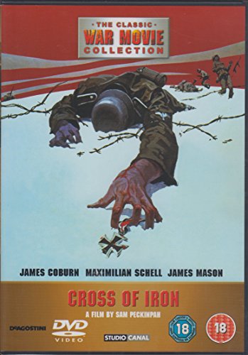 DVD cover for “Cross of Iron” depicts a soldier amidst wartime devastation.