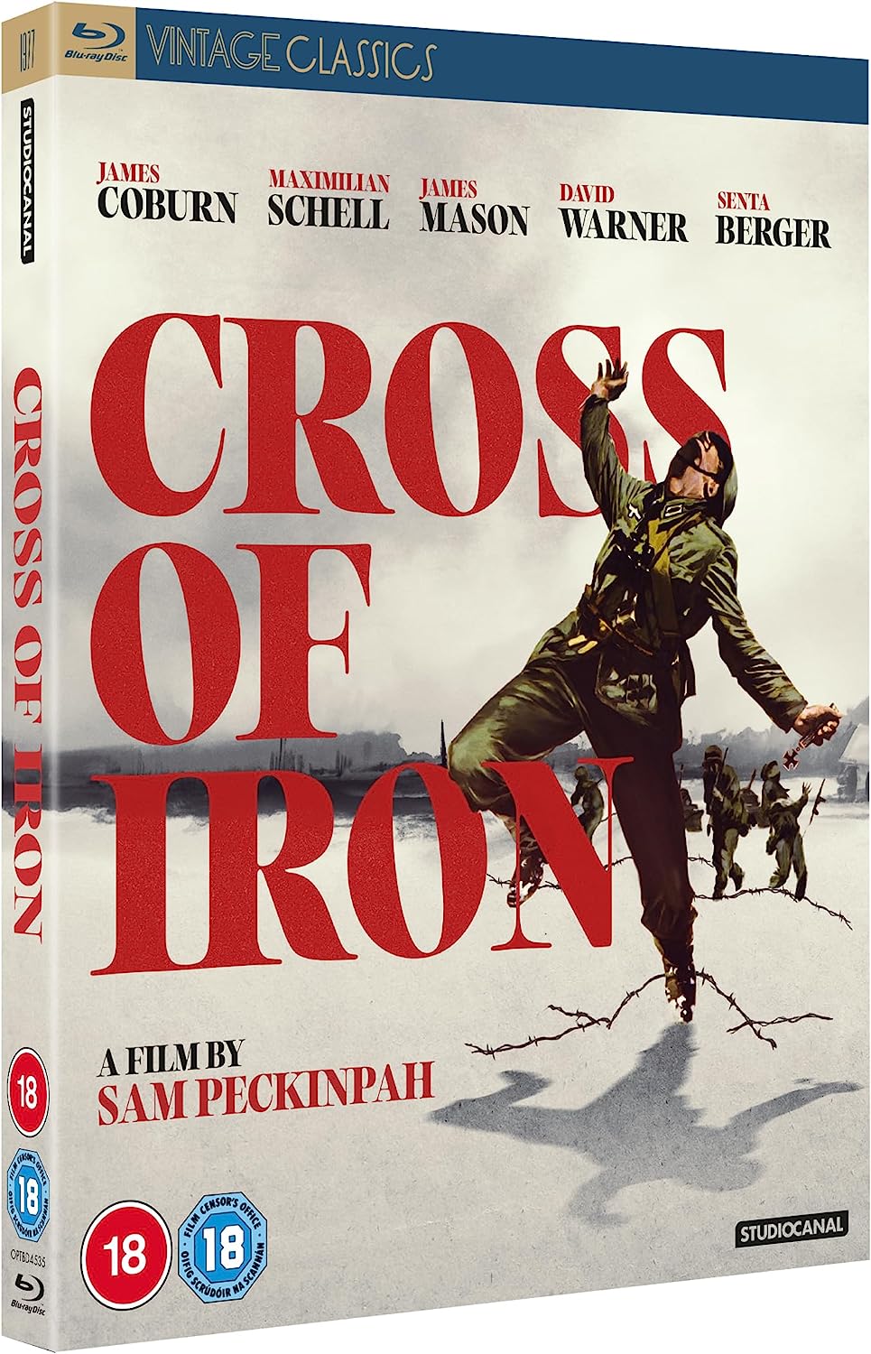 Blu-ray cover for “Cross of Iron” featuring a soldier and barbed wire.