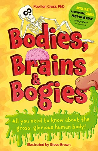 Book cover with skeleton, brain, and dripping green slime; title is "Bodies, Brains and Bogies.