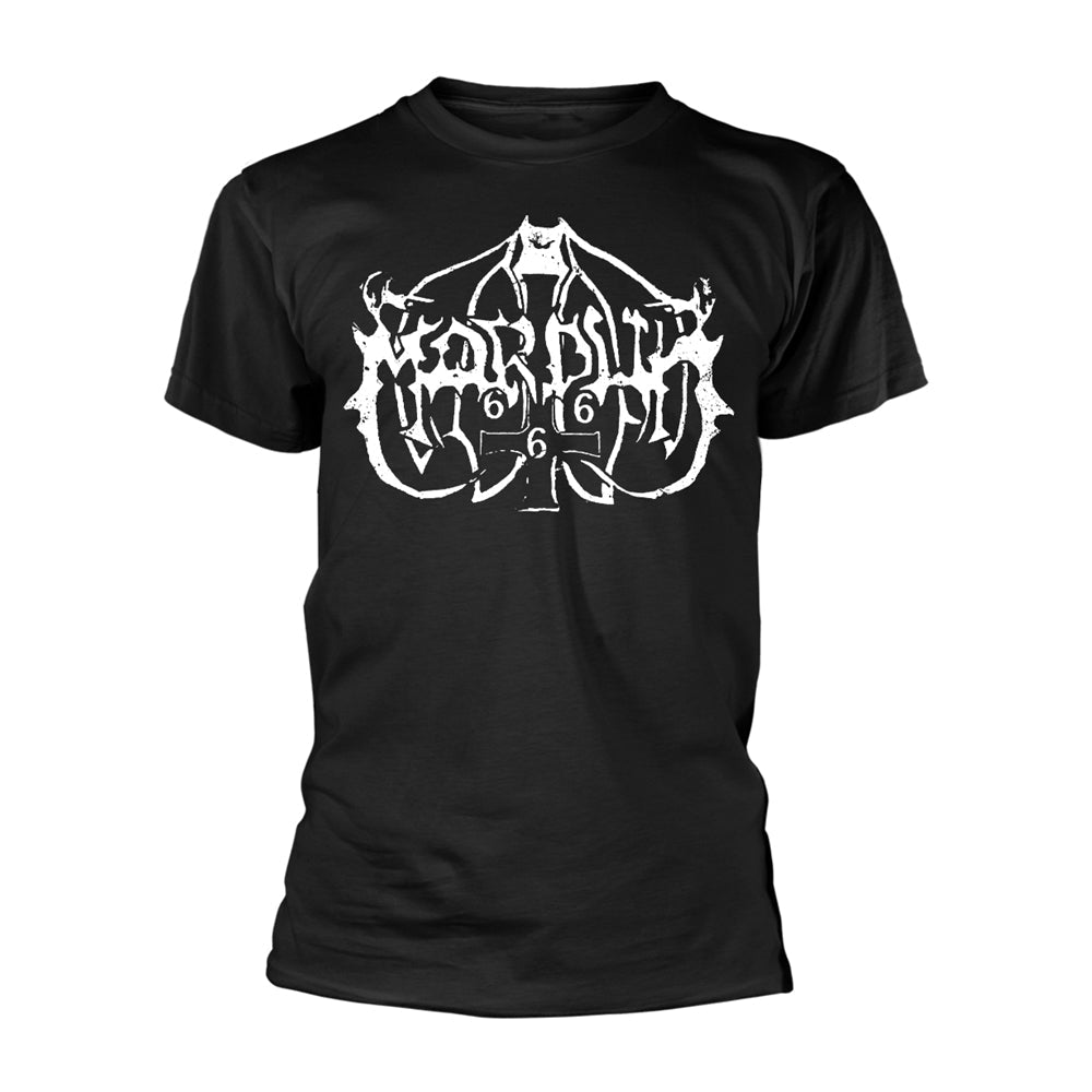 Black t-shirt with a large, ornate white graphic on the chest.
