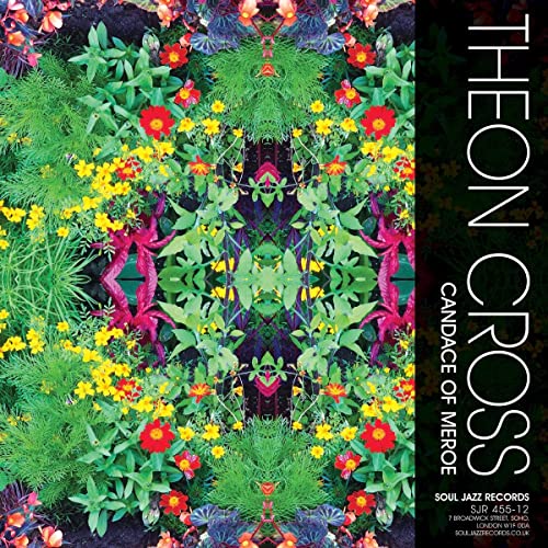 Symmetrical kaleidoscope pattern of colorful flowers and green foliage with white text on right.