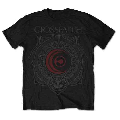 Black short-sleeve t-shirt with a large, ornate graphic design.