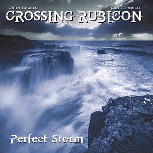 CD cover: stormy seascape with waterfall, text "Crossing Rubicon - Perfect Storm".