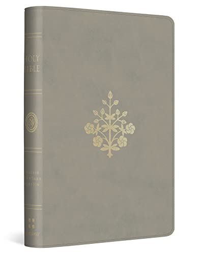 Gray compact Bible with gold floral design on the cover.