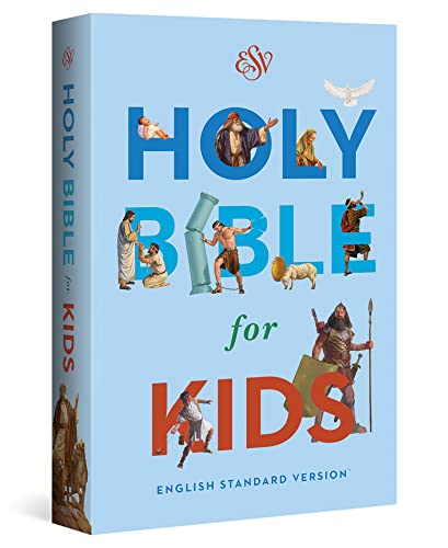 Blue children’s Bible cover with illustrated biblical scenes and text.