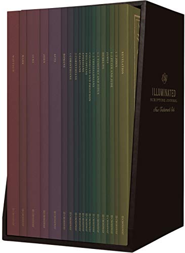 New Testament book set in a black box, spines facing forward.