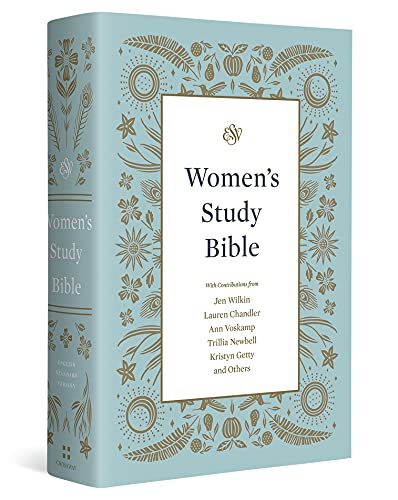 Light blue Bible with floral design and “Women’s Study Bible” text.