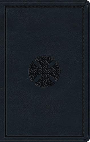 Dark blue Bible with a circular, embossed cross on the cover.