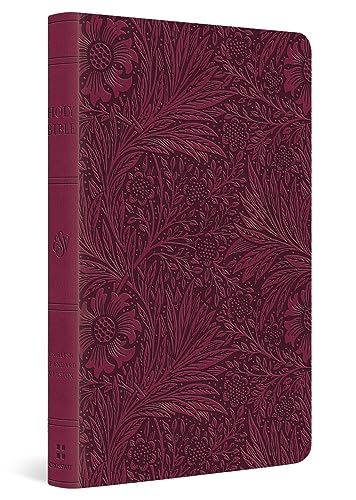 Raspberry-colored Bible with floral design, closed and spine visible.
