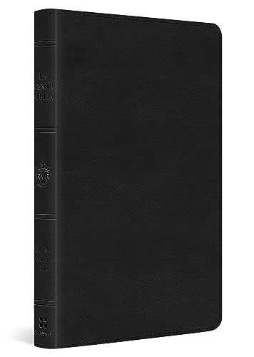 Black, slim Bible with gold embossed emblem and text on the cover.