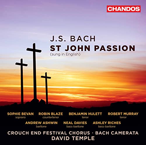 CD cover for Bach’s St John Passion, featuring three crosses at sunset.
