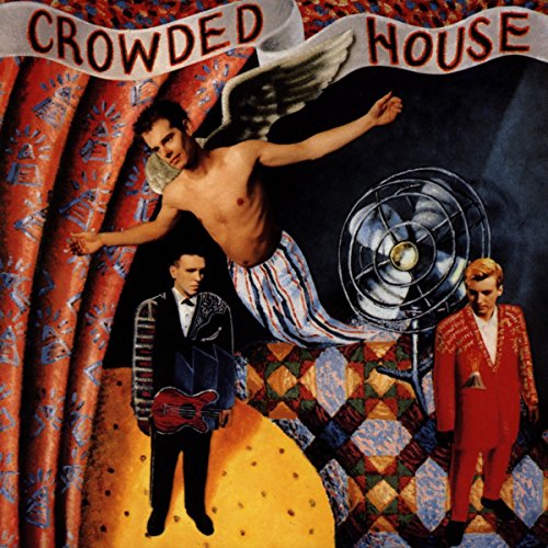 Crowded House album cover with figures, a fan, and red curtains.