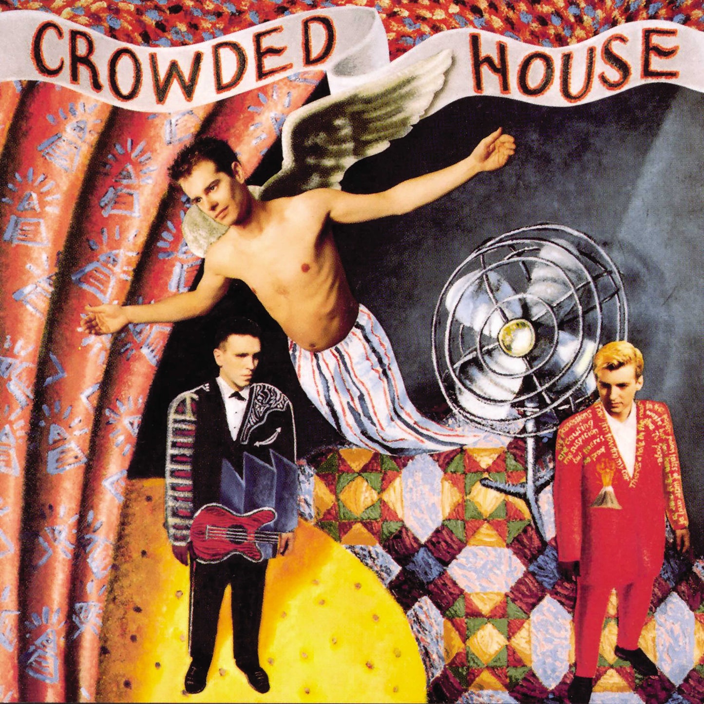 Surreal album art featuring a winged man, two other men, and a large fan.