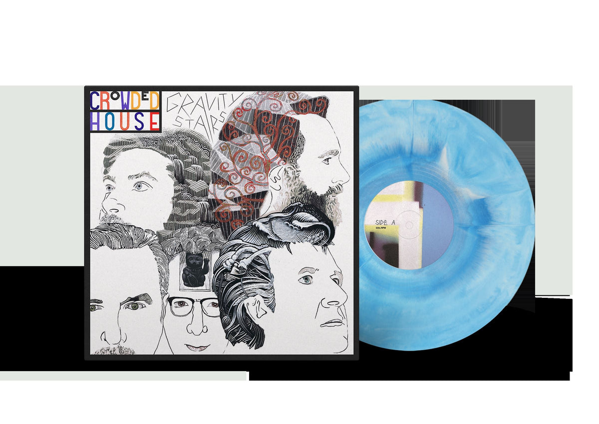 Crowded House “Gravity Stairs” vinyl record with illustrated cover and blue disc.