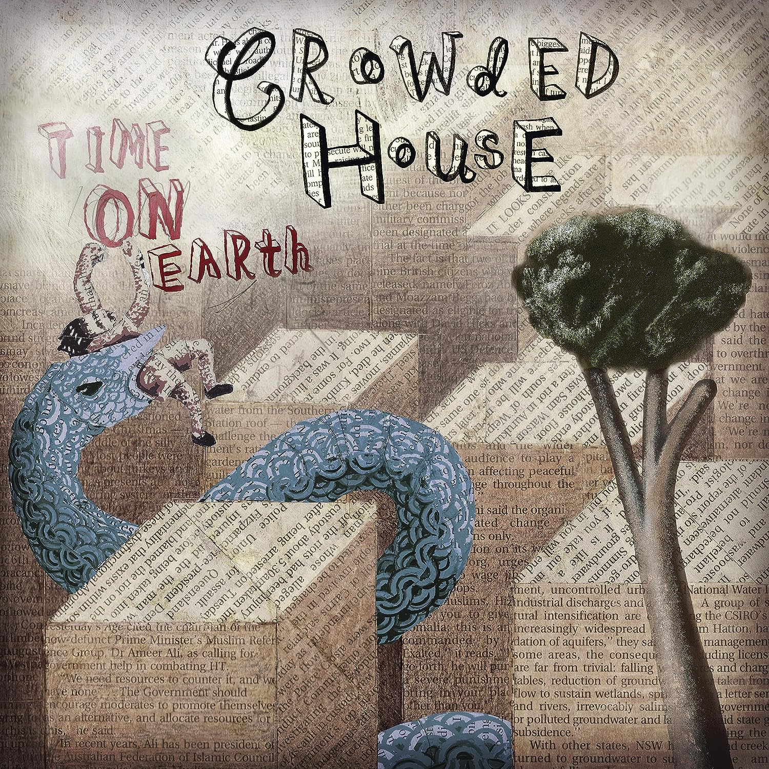 Time On Earth" CD cover by Crowded House, featuring illustrated faces and text.