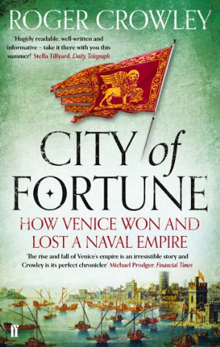 Book cover showing a Venetian flag over a painting of ships in a harbor.