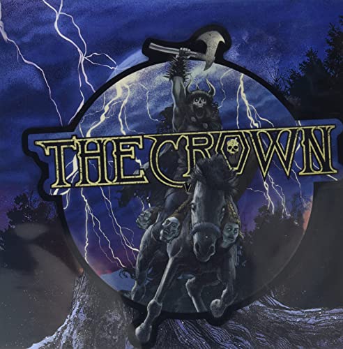 Album cover: warrior on horseback with axe, stormy sky background.