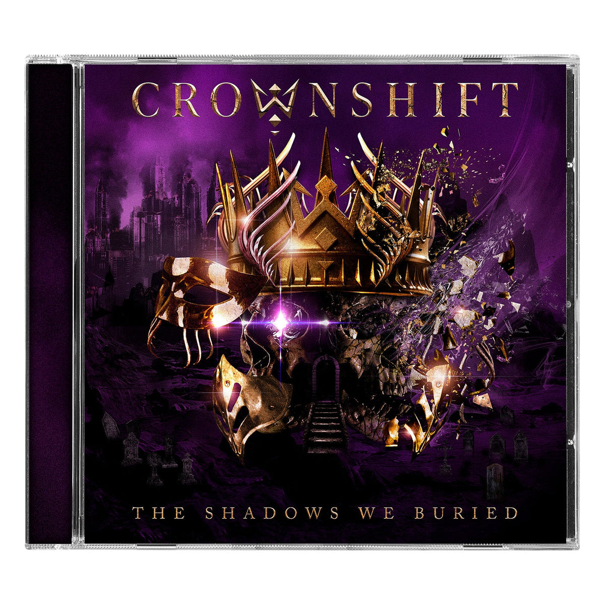 CD cover for Crownshift's "The Shadows We Buried" with a golden crown and ruins.