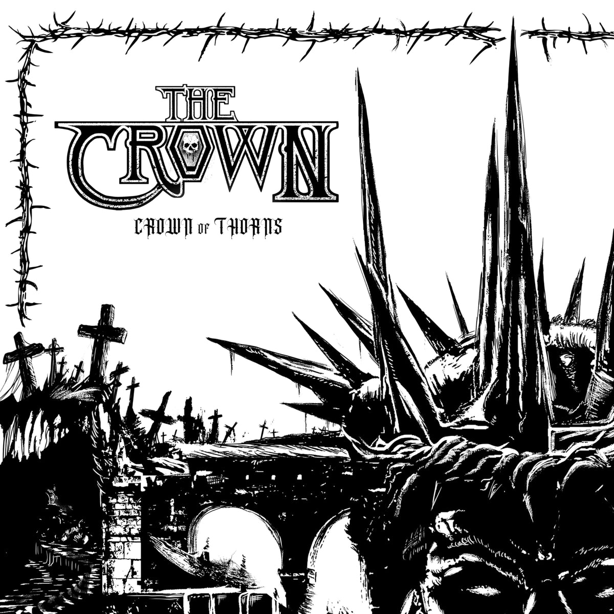 Black and white album cover with thorny crown, crosses, and a desolate landscape.